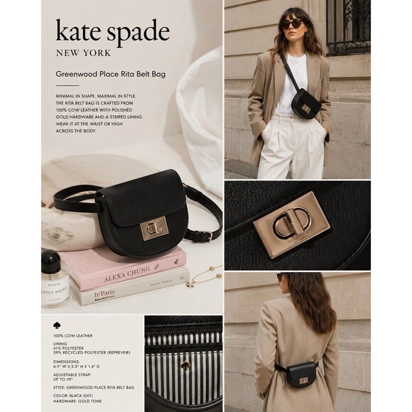 kate spade Handbags - Kate Spade Greenwood Place Rita Belt Bag Black Cow Leather Gold Turn Lock